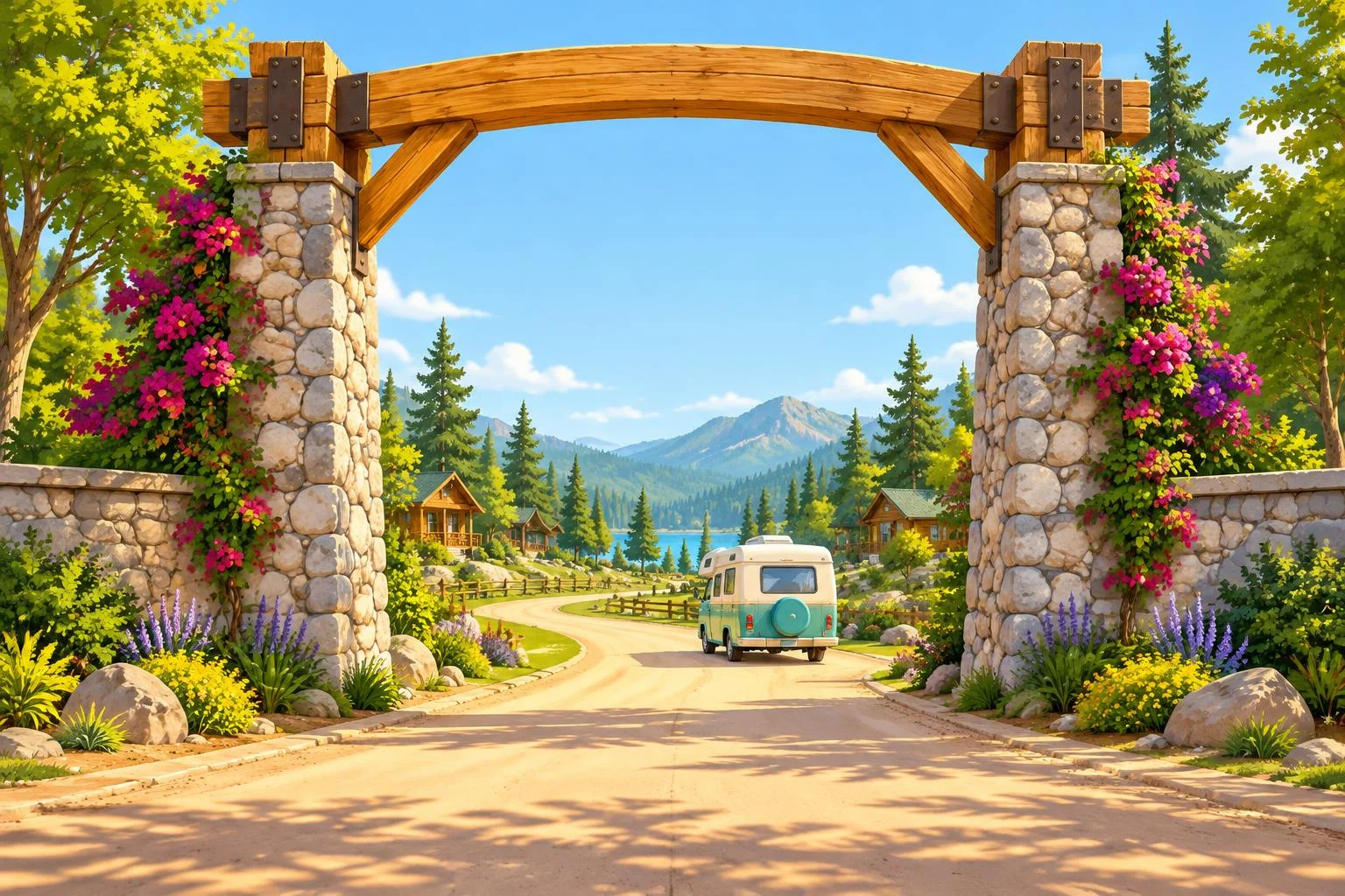 A flower-covered timber and stone entrance, with a little camper following the sunny road into camp.
